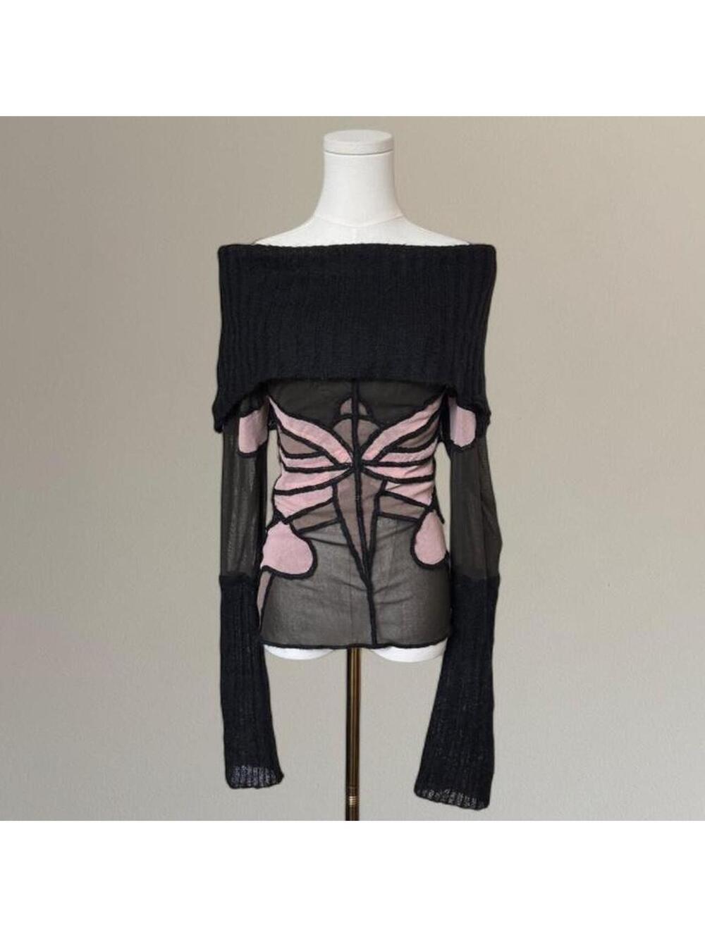 Y2K Helena Sorel euro mesh off-the-shoulder sweater top